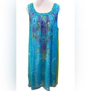SOFT SURROUNDINGS Aqua & Chartreuse Beaded Scoop Neck Floral Chiffon Dress Large